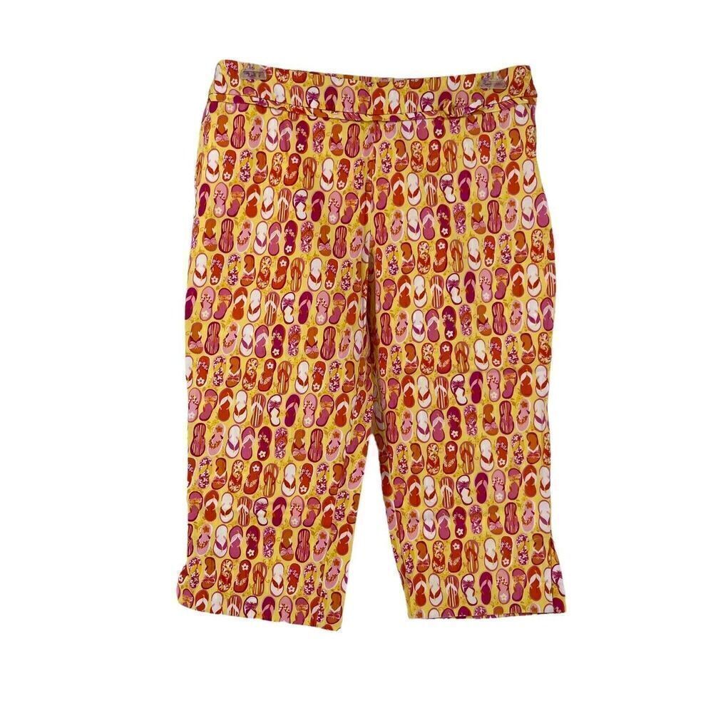 Alanni Capri Pants Flip Flop Pattern Yellow Pink Beach Mid Rise Womens Size 12
